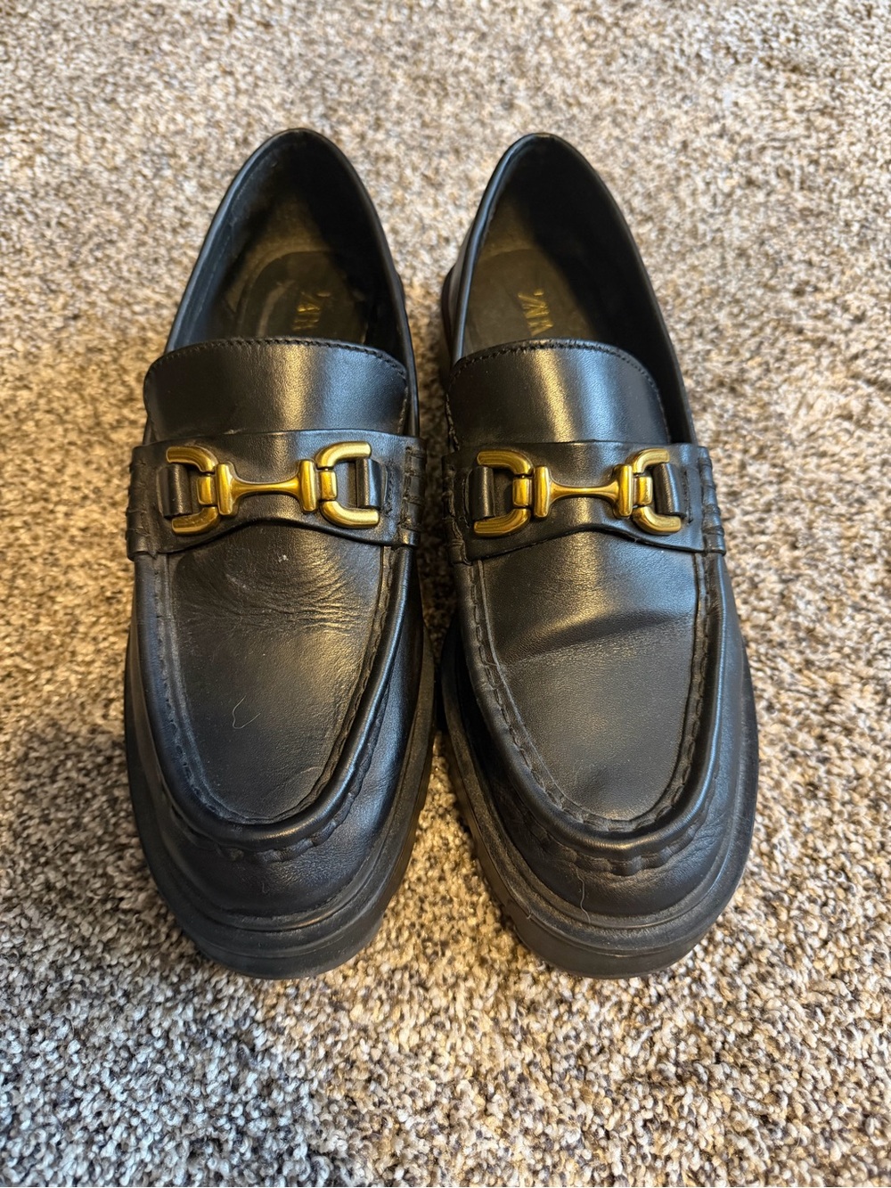 Zara Black Leather Women's Loafers with Gold Horsebit